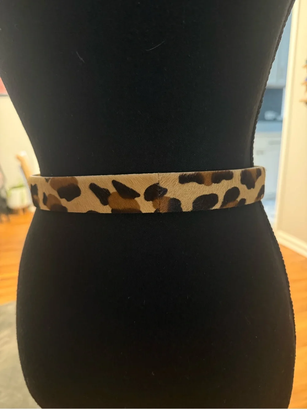 St. John Knits Narrow Leopard Print Calf Hair Belt with Gold Buckle sz S